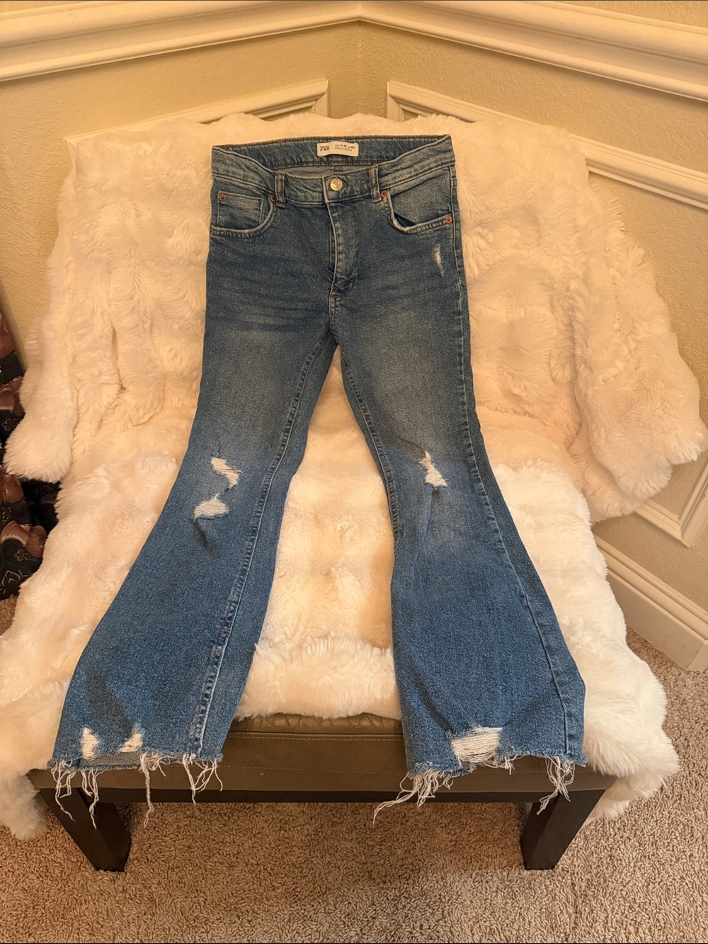 Zara Mid-Blue Distressed Flare Jeans